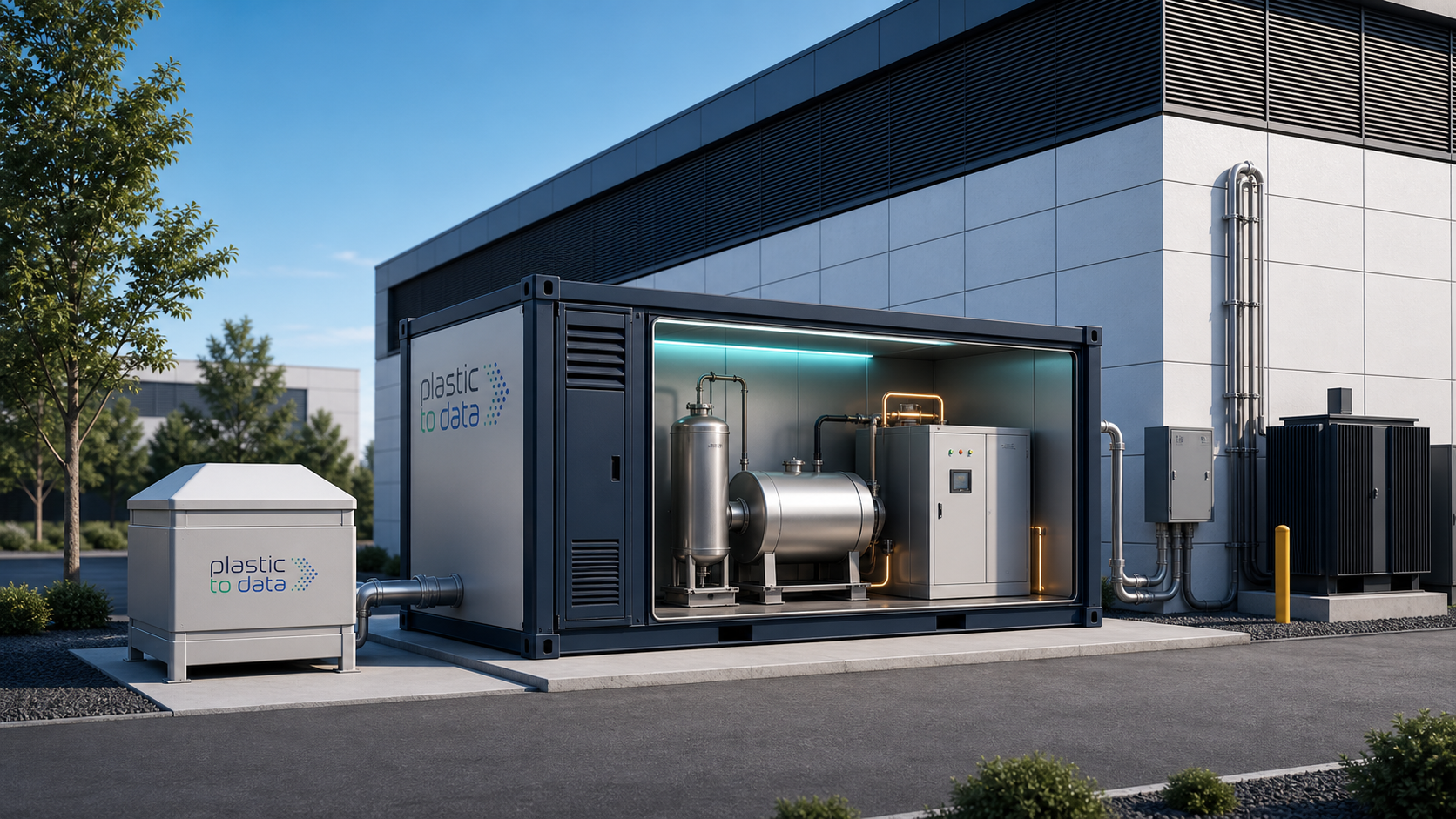 Conceptual container-sized energy skid installed beside an existing building with printed Plastic to Data branding, a sealed input tote, and site power equipment